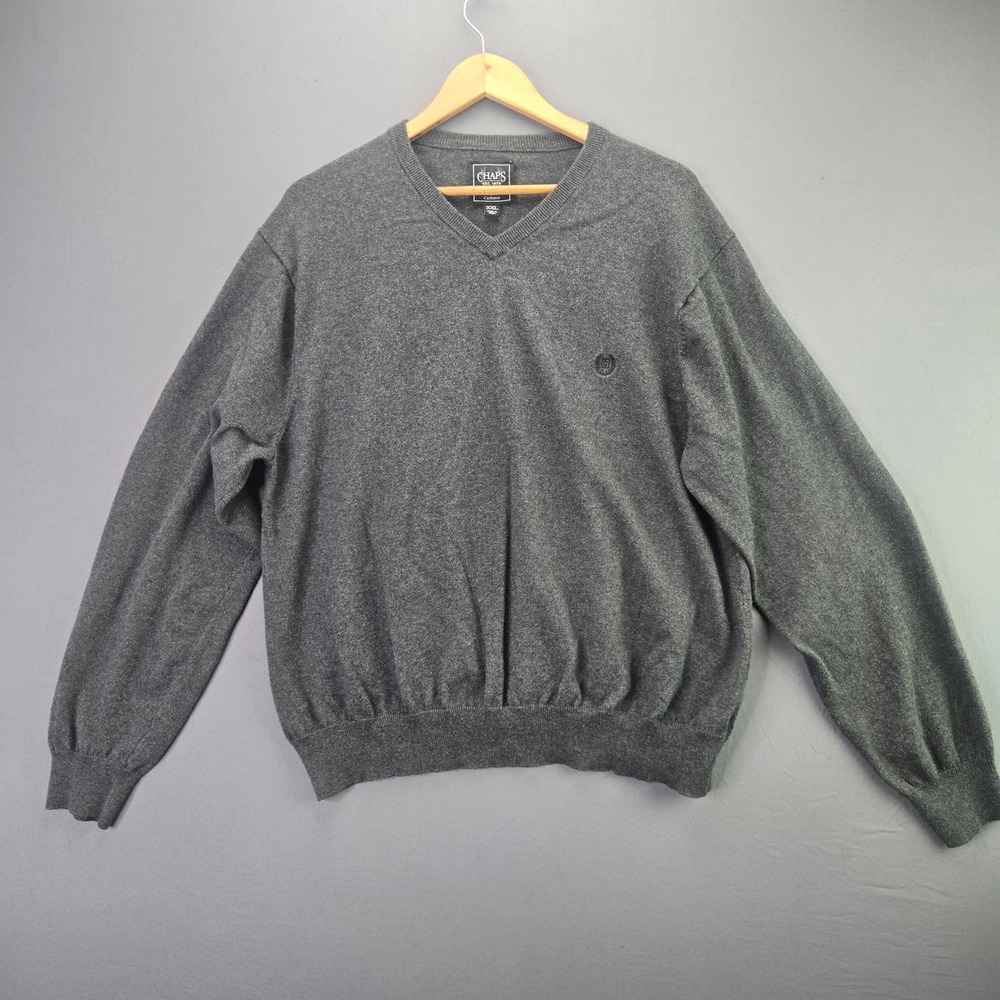 Chaps V-Neck Sweater XXL Charcoal Grey Cotton Cashmere Blend Pullover Knit Logo